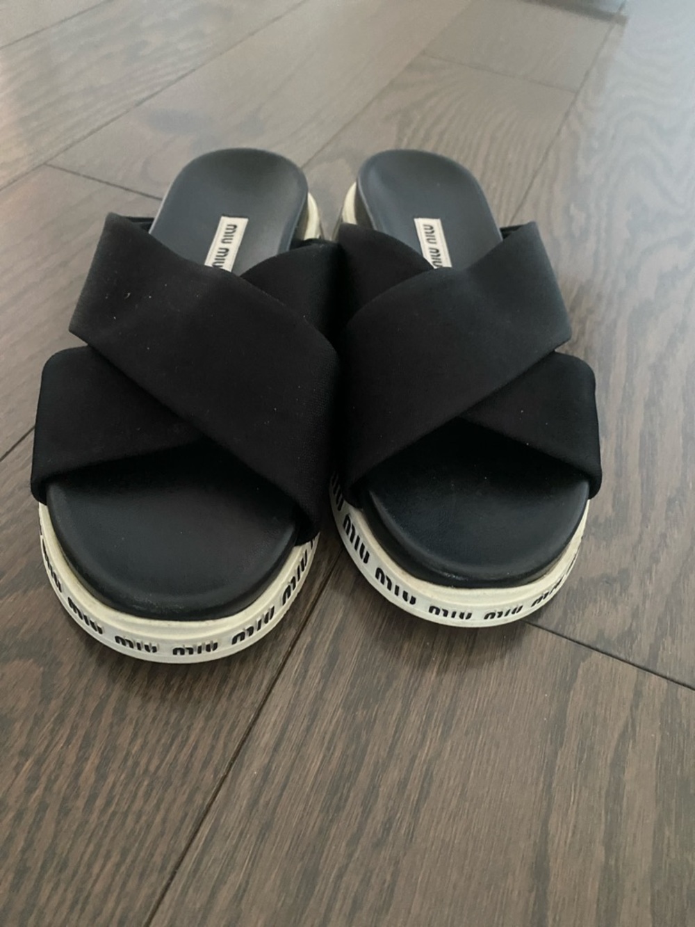 Miu Miu Black Crisscross Platform Mules